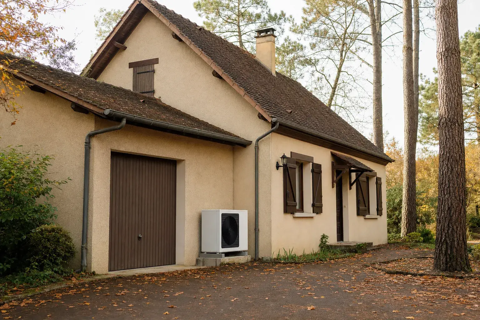 Unité extérieure de pompe à chaleur air-eau posée sur plots au pied d’un pavillon en Sarthe