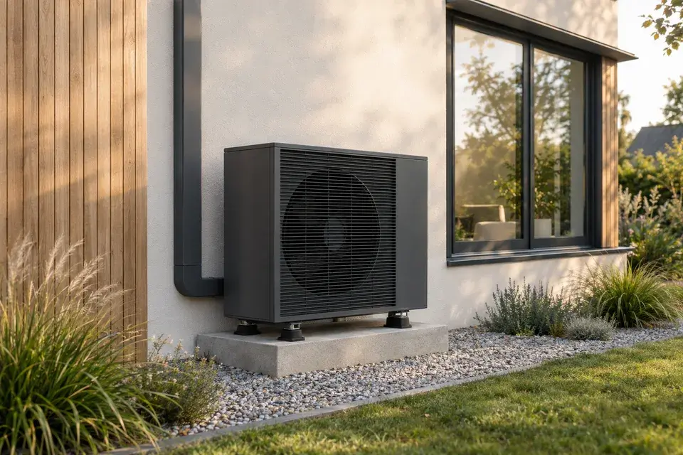 Pompe à chaleur air-eau anthracite posée sur un socle béton contre la façade d'une maison contemporaine
