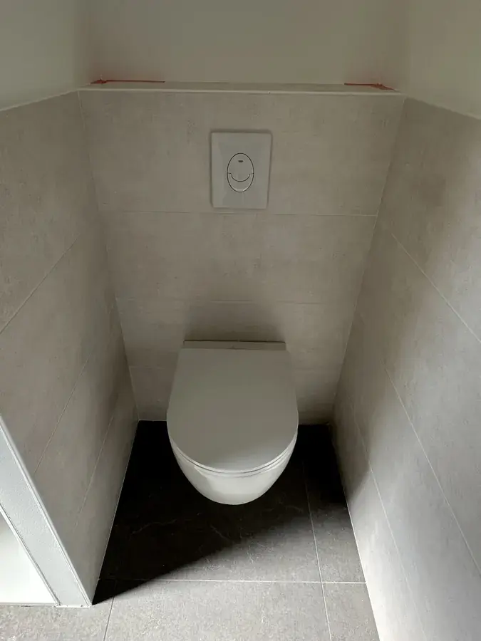 WC suspendu et plaque de commande dans des toilettes carrelées gris clair