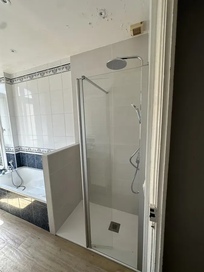 Nouvelle douche avec paroi de verre et colonne thermostatique créée à côté d'une baignoire existante