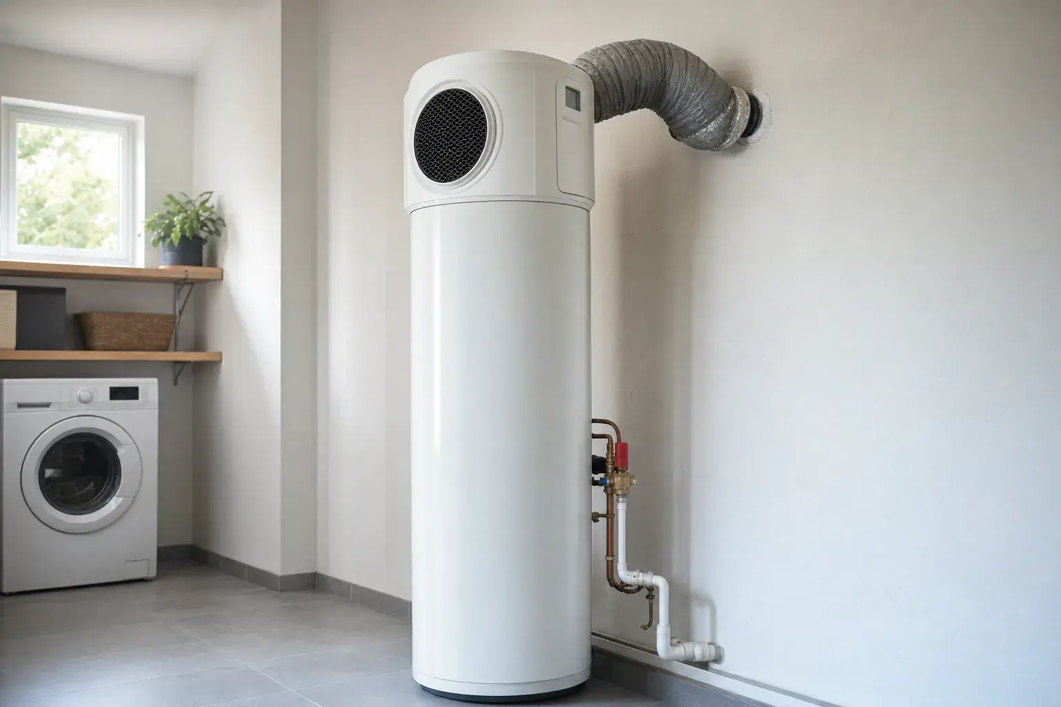 Chauffe-eau thermodynamique installé dans un cellier, gaine d'air isolée et groupe de sécurité raccordés