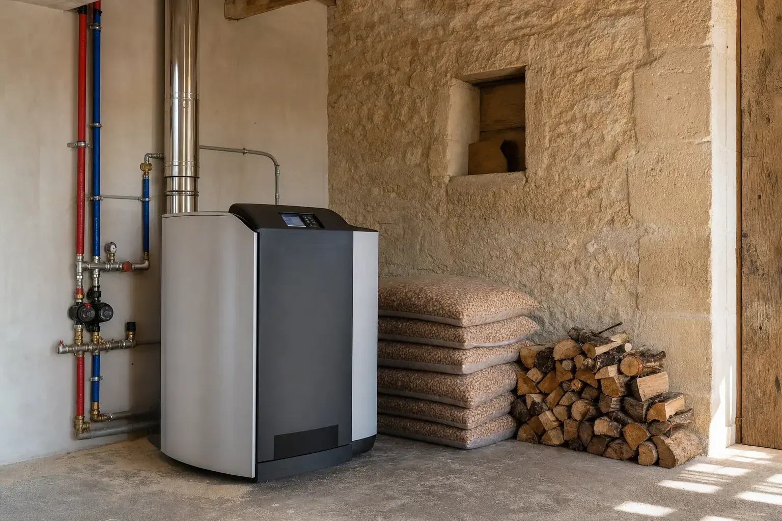 Chaudière à granulés avec silo de stockage installée dans le local technique d'une maison en Sarthe