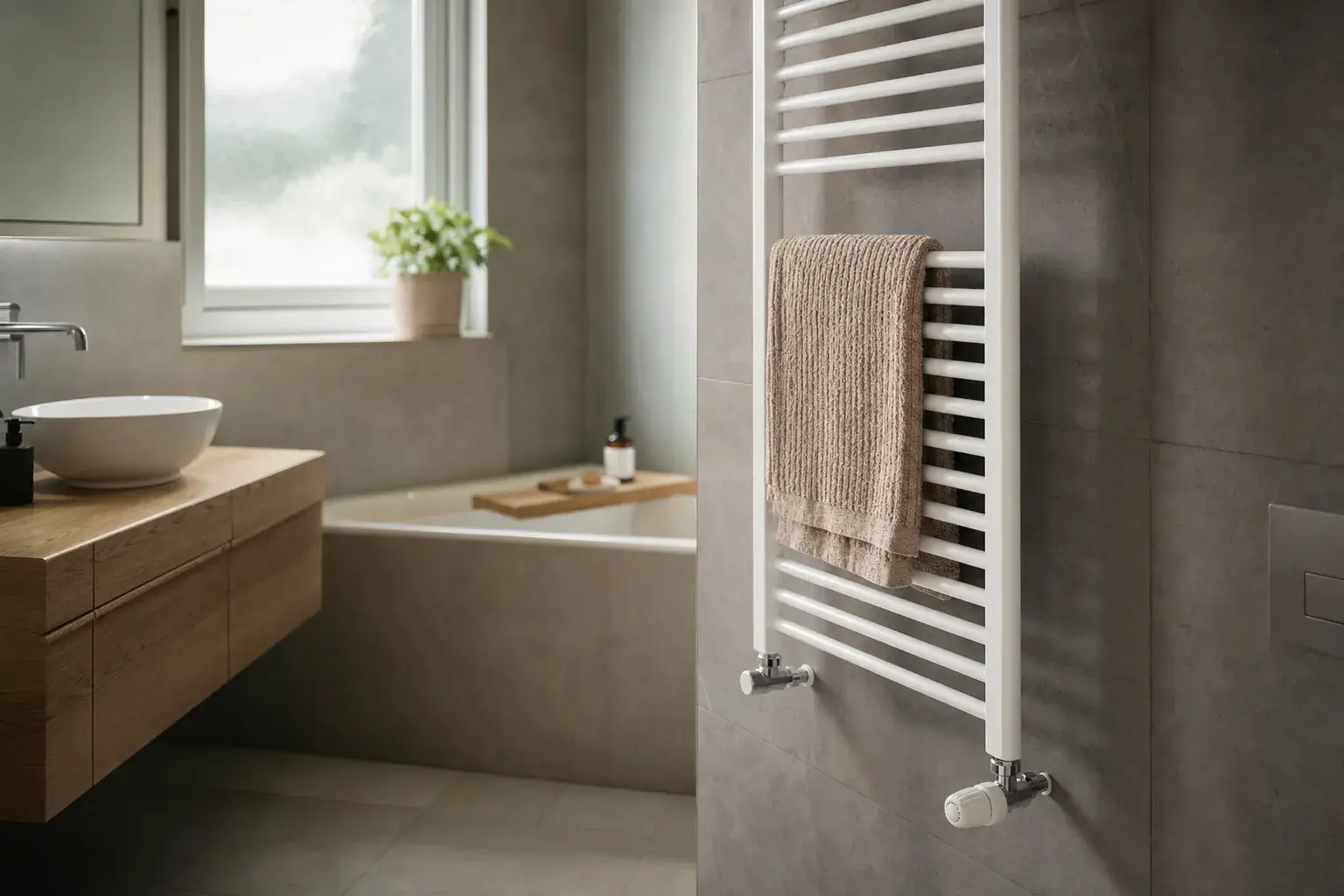 Sèche-serviettes à eau chaude installé dans une salle de bain rénovée en Sarthe