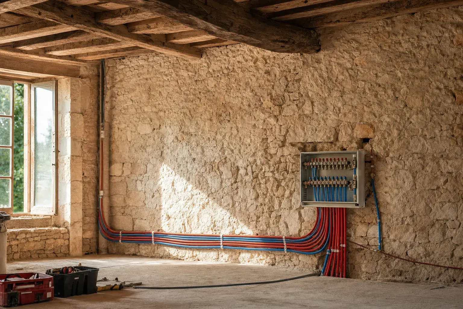 Nouveau réseau de plomberie en PER avec nourrice et vannes d'arrêt dans une maison en rénovation