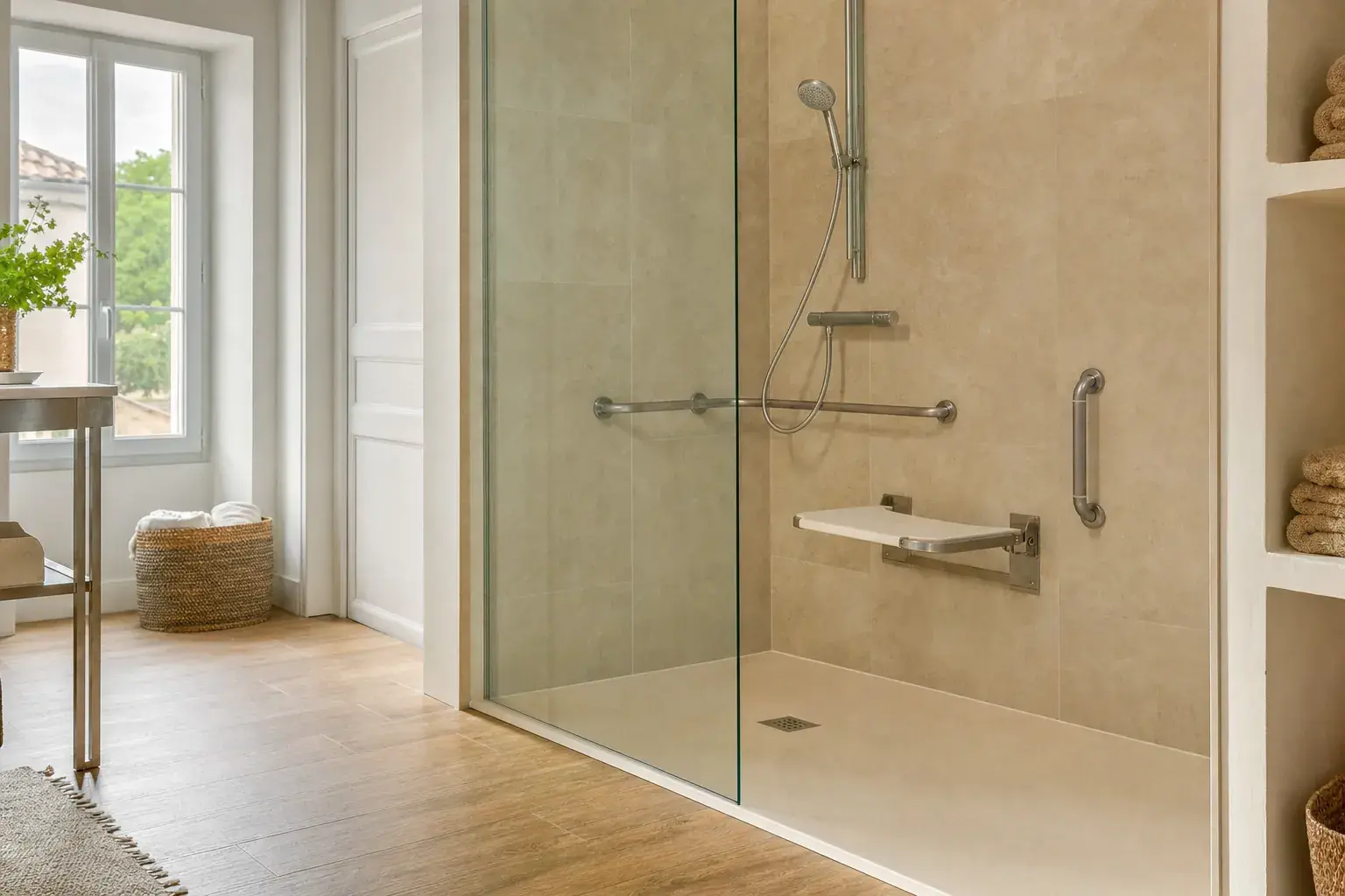Douche de plain-pied avec siège rabattable, barres d'appui et mitigeur thermostatique dans une salle de bain adaptée